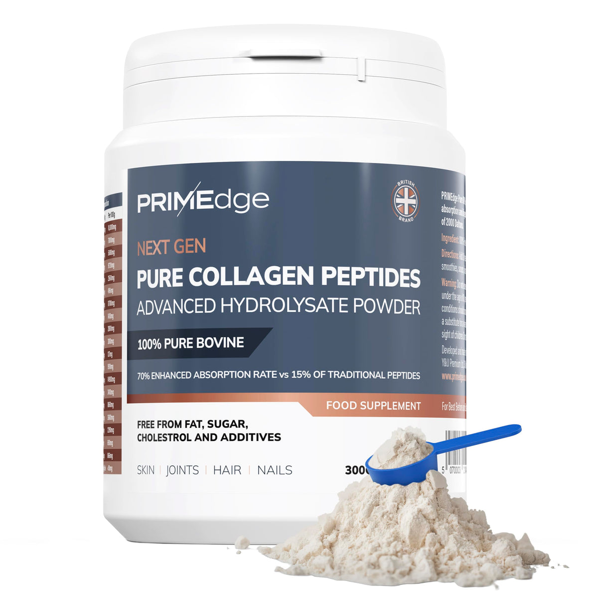 PRIMEdge Collagen Powder, Tasteless, Grass Fed, Collagen Peptides Supplement for Skin, Hair, Joints and Nail Support, Including 8 Essential Amino Acids (Type I, III), Halal & Kosher, 300g (30 Doses)