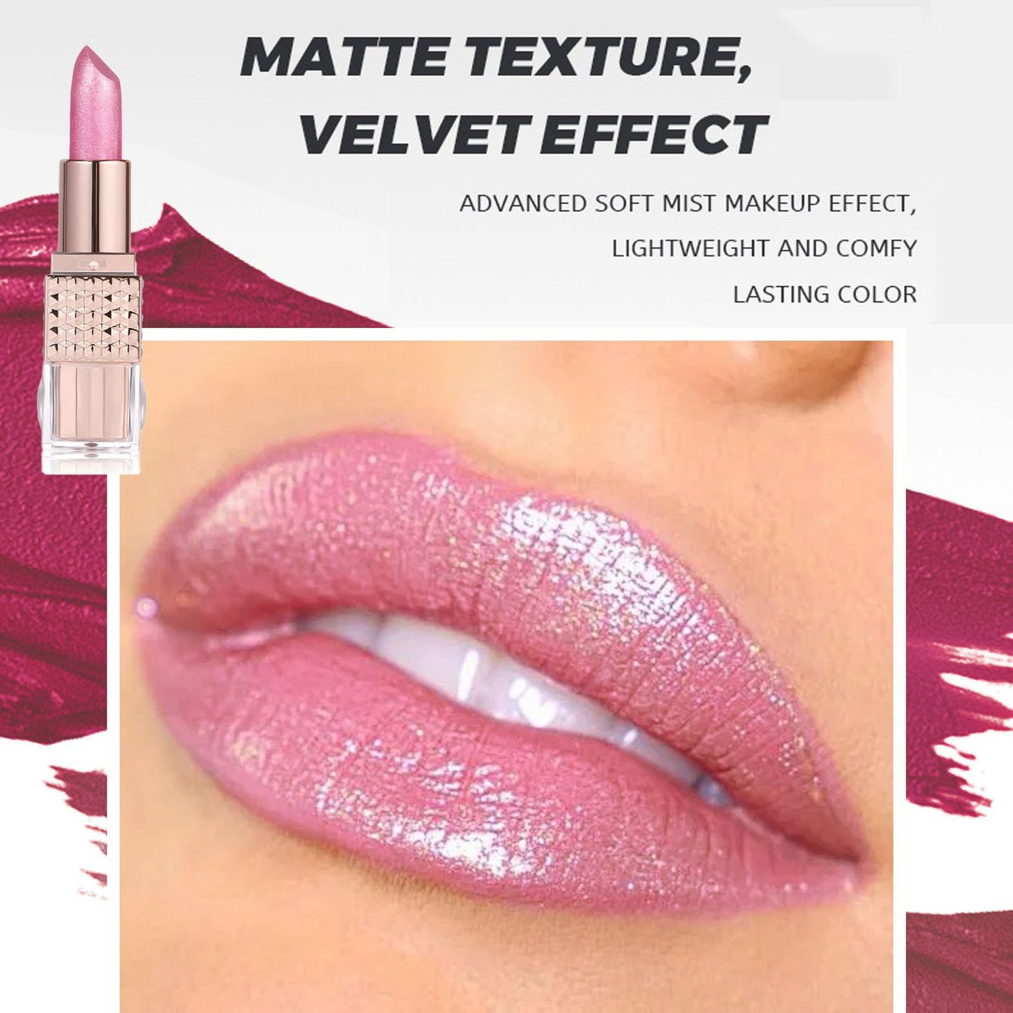 LYNTYAOU Shimmers Lipstick Pearl Pink Color Lip Stick, Glitter Metallic Bright Pink Lip Balm for Women, Silky Smooth Full-Coverage Lipsticks, Longlasting Pearlescent Light Pink Tinted for Women