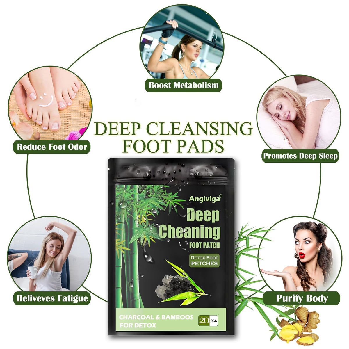 Angivlga Detox Foot Patches, 20 Pcs Deep Cleansing Detox Foot Pads to Remove Deep Cleansing Toxins with Bamboos and Ginger Powder for Stress Relief, Deep Sleep&Enhance Blood Circulation for Sleep Aid