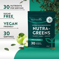 Nutravita Super Greens Powder - 23 Advanced Vegan Ingredients - Greens, Vitamins and Superfoods - Probiotic Blend for Gut Health - UK Made - 30 Servings (Apple Flavour)