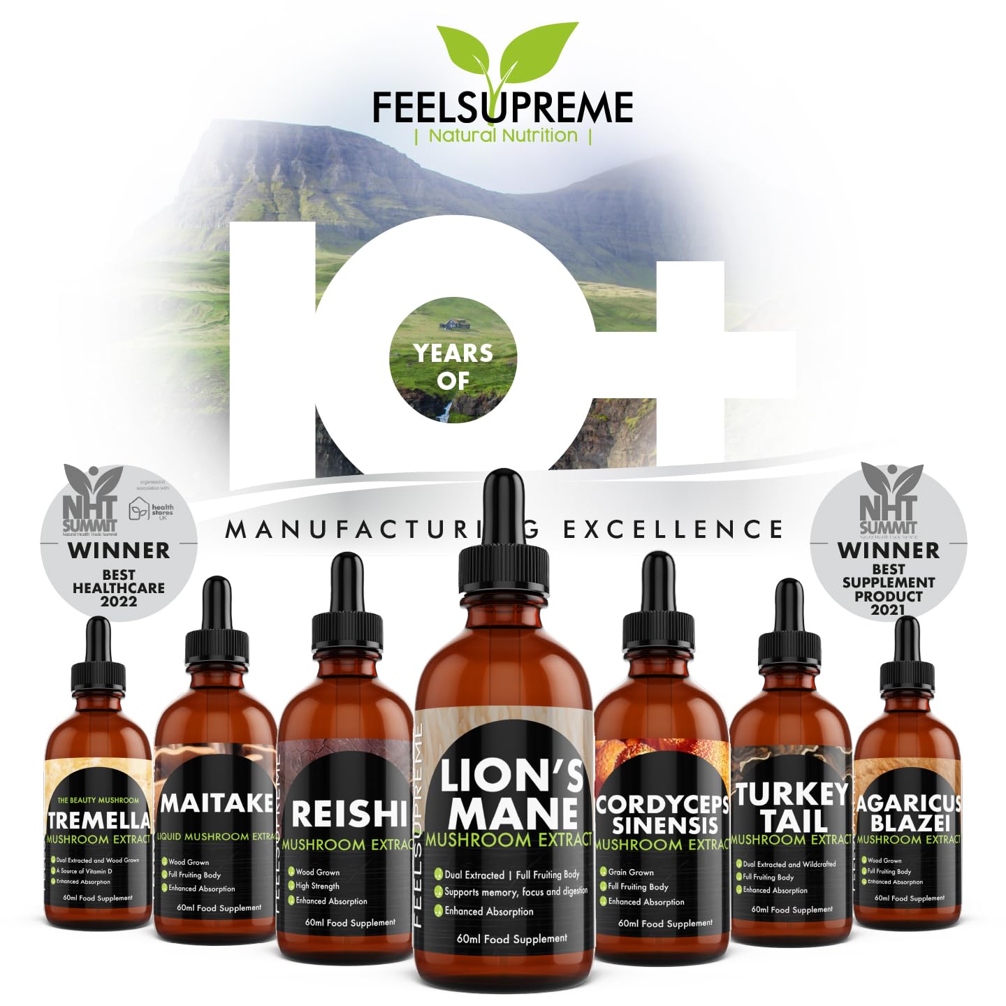 Feel Supreme - Super Greens Powder with Mushroom - 35 Nutrient Dense Organic Superfoods, no Added Sugar - High in Fibre, Protein, Vitamin C, Spirulina - Greens Supplement, Mushroom Powder - 300g