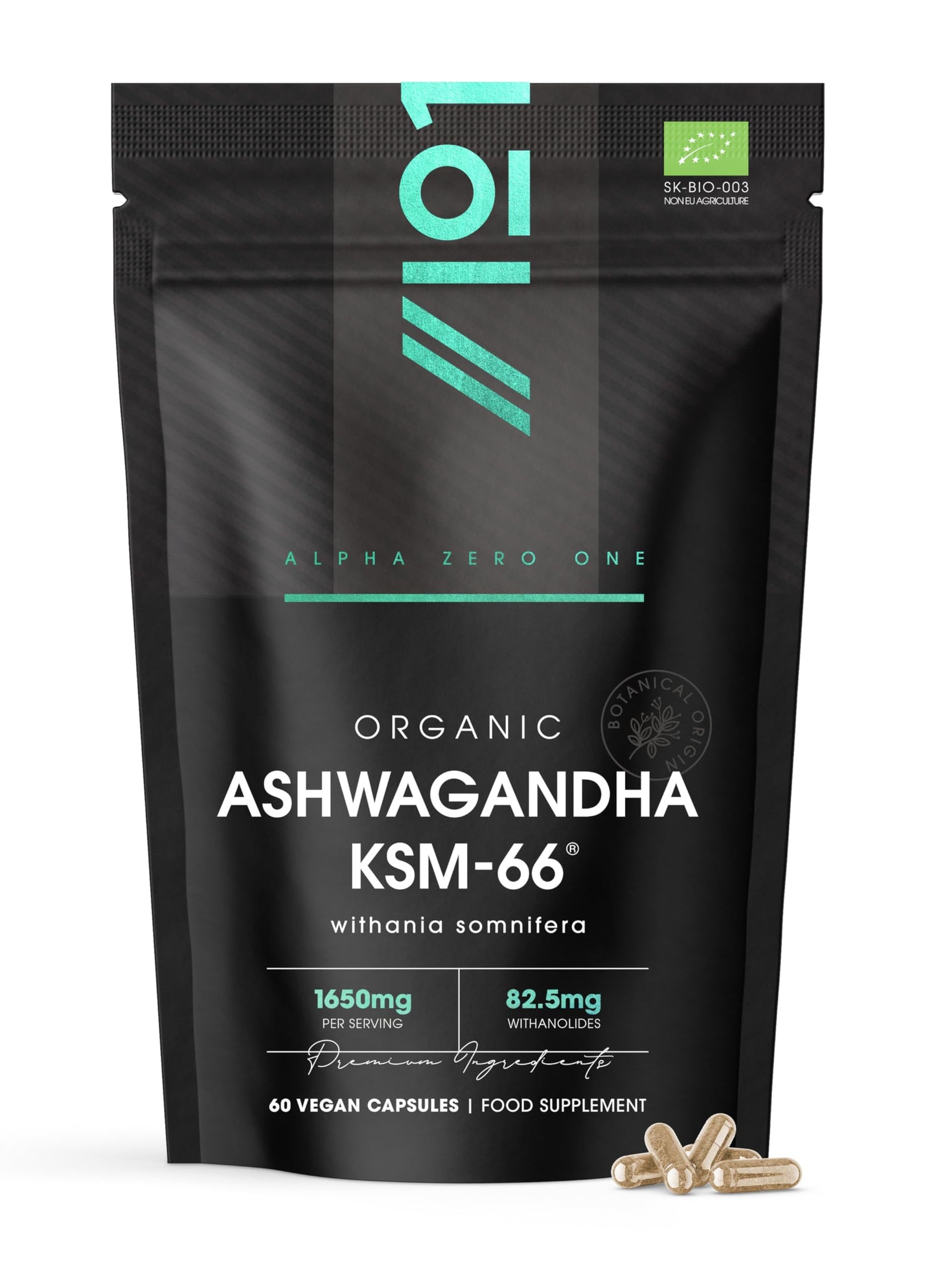 ALPHA01 Organic Ashwagandha KSM-66® 1650mg - 5% Withanolides with Black Pepper – 60 Vegan Capsules – Resealable and Recyclable Pouch by Alpha01