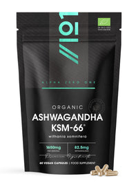 ALPHA01 Organic Ashwagandha KSM-66® 1650mg - 5% Withanolides with Black Pepper – 60 Vegan Capsules – Resealable and Recyclable Pouch by Alpha01