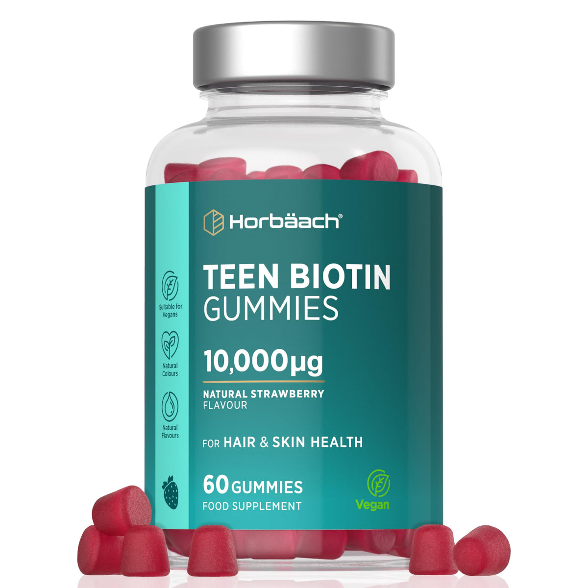 Horbäach Biotin Hair Growth Gummies for Teens 10,000mcg | Hair and Skin Supplement for Teenagers | Strawberry Flavour Tablet Alternative | Vegetarian and Vegan | 60 Count | by Horbaach