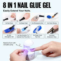 TOMICCA Gel Nail Glue Set, 8 in 1 Nail Glue and No Wipe Top Coat Kit for Acrylic Nails, Super Strong Brush On Nail Glue Gel and Top Coat for False Nails and Gel Nail Polish, UV/LED Lamp Cure Required