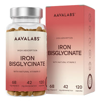 AAVALABS Gentle Iron Supplements for Women and Men - 42 mg Iron Tablets high Strength with Natural Vitamin C - Active Form - bisglycinate - Fatigue Supplements with high bioavailability - 120 Capsules