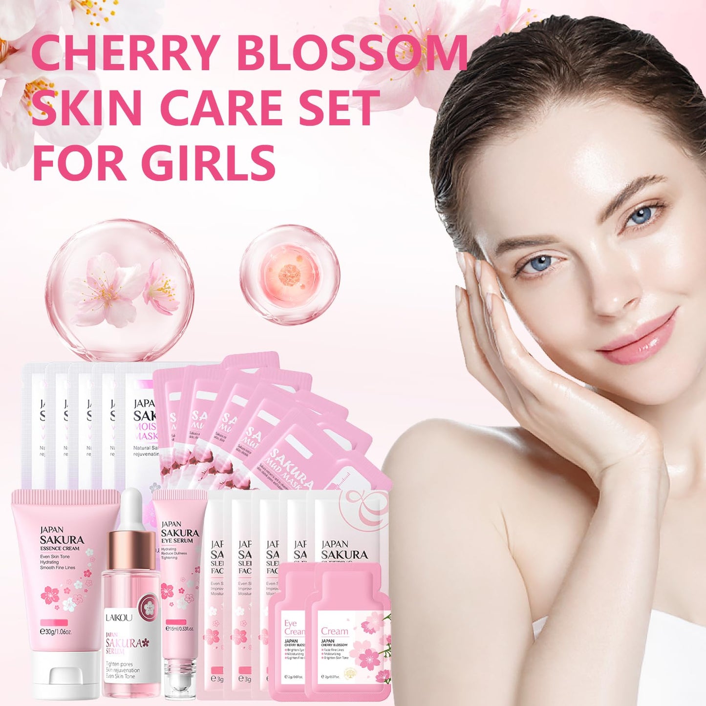 Asheyya Sakura Skincare Set & Kits, Skin Care for Teenage Girls, Skincare for Kids with Face Cream, Face Serum, Lip Mask, Sleep Mask, Eye Mask, Mud Mask(20 Pcs)