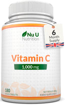 Nu U Nutrition - Vitamin C 1000mg - 180 Vegan Tablets - 6 Month Supply - High Strength Ascorbic Acid - Made in the UK