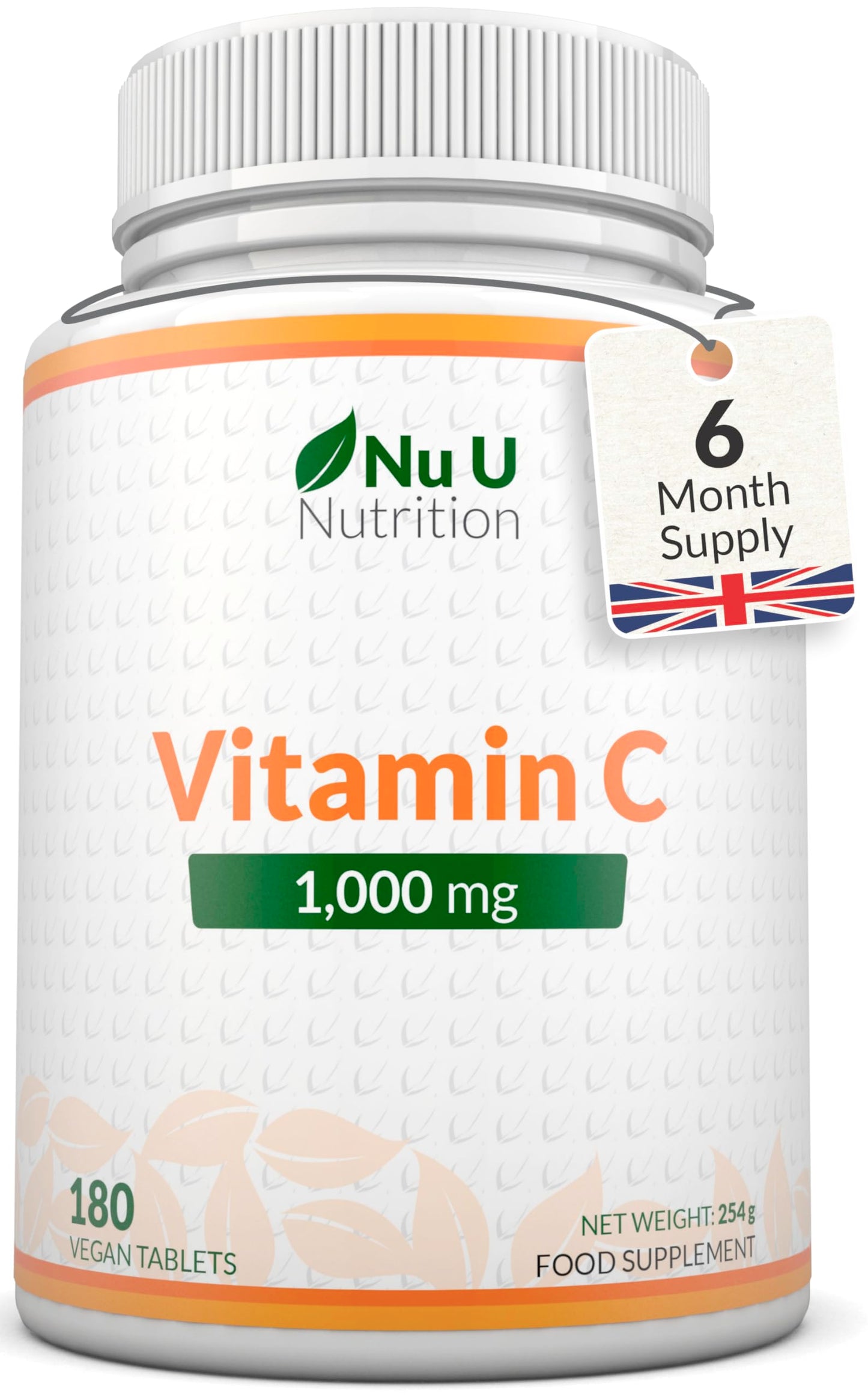 Nu U Nutrition - Vitamin C 1000mg - 180 Vegan Tablets - 6 Month Supply - High Strength Ascorbic Acid - Made in the UK