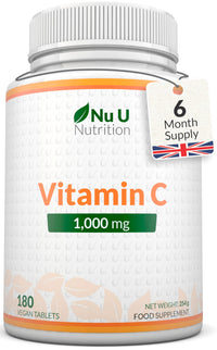 Nu U Nutrition - Vitamin C 1000mg - 180 Vegan Tablets - 6 Month Supply - High Strength Ascorbic Acid - Made in the UK