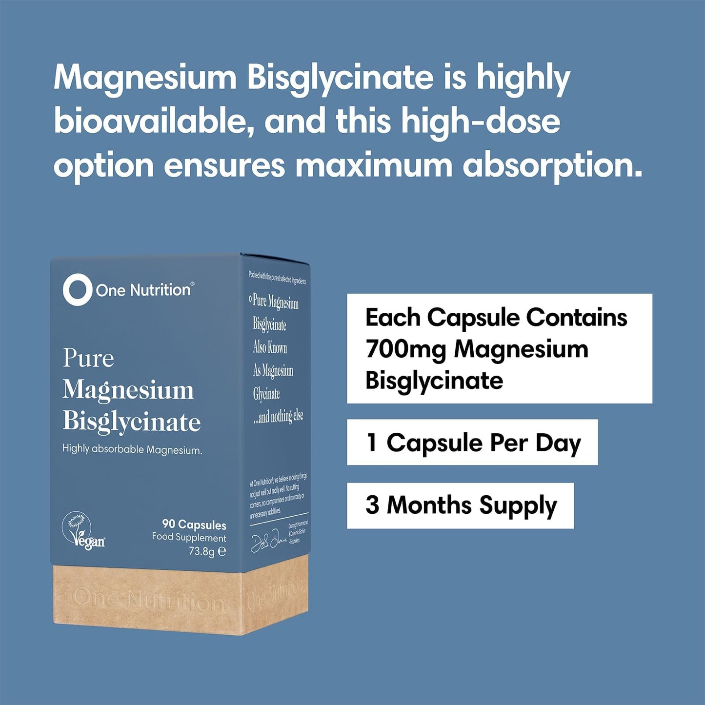 Pure Magnesium Bisglycinate by One Nutrition | High Absorption Magnesium for Sleep, Stress, Heart & Energy Support | 700mg per Capsule | 90 Capsules | 2-Month Supply