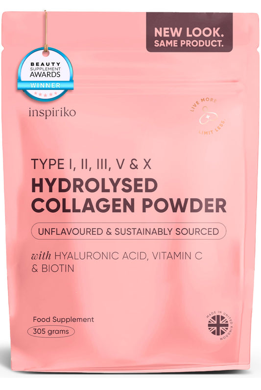 Inspiriko Multi Collagen Powder for Women - 10,000mg Type I, II, III, V & X Hydrolyzed Collagen Supplements for Women with Hyaluronic Acid, Vitamin C, Biotin & Copper, 30 Servings