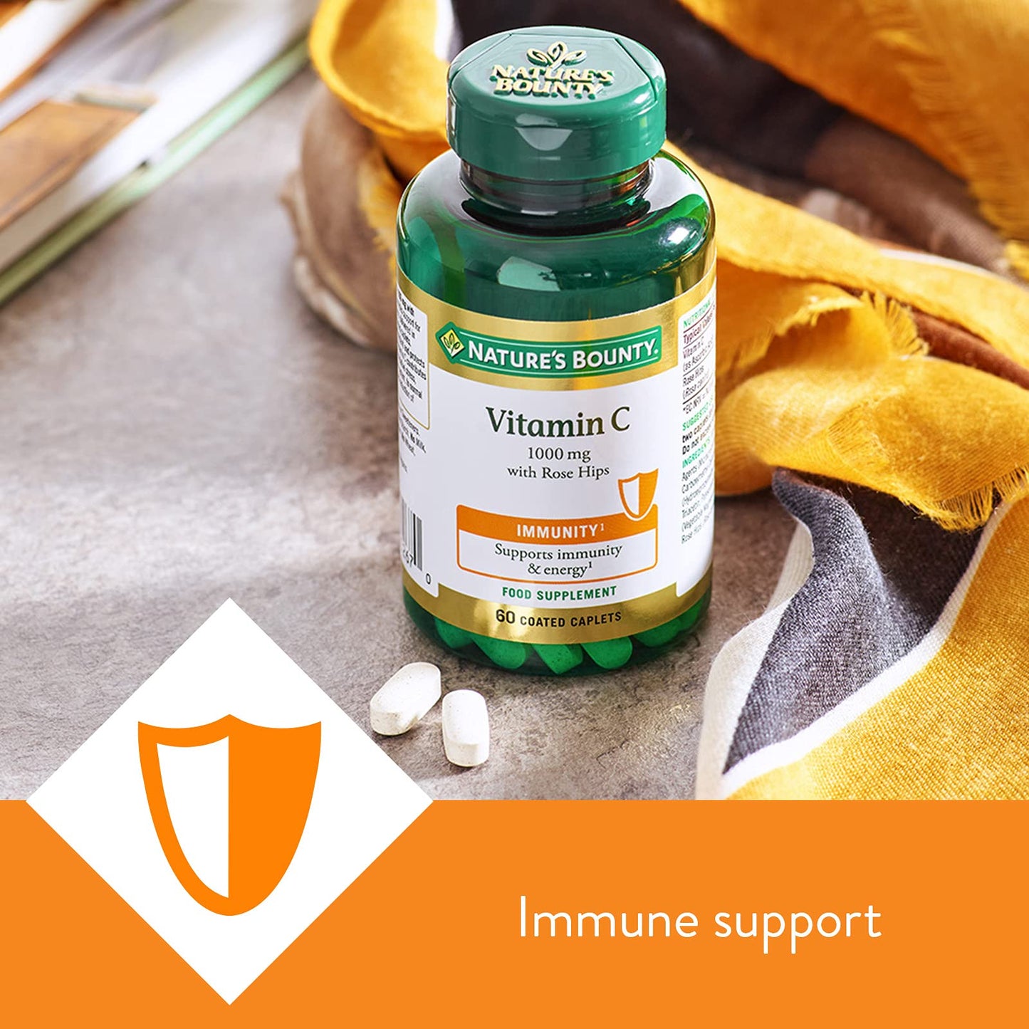 Nature's Bounty Vitamin C 1000 mg with Rose Hips - Pack of 60 Coated Caplets - Supports Immunity and Energy - Vegan and Gluten Free