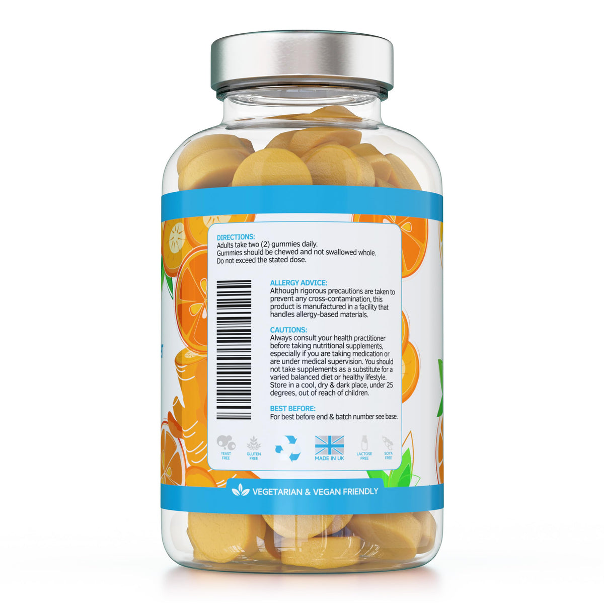 swiss bioenergetics Turmeric Curcumin Gummies with Ginger - 60 Natural Orange Flavour Juicy Yummy Gummies – with a Huge 95% curcuminoids, Vegan & Gelatin Free – 30 Day Supply for Men, Women & Children – Made in the UK