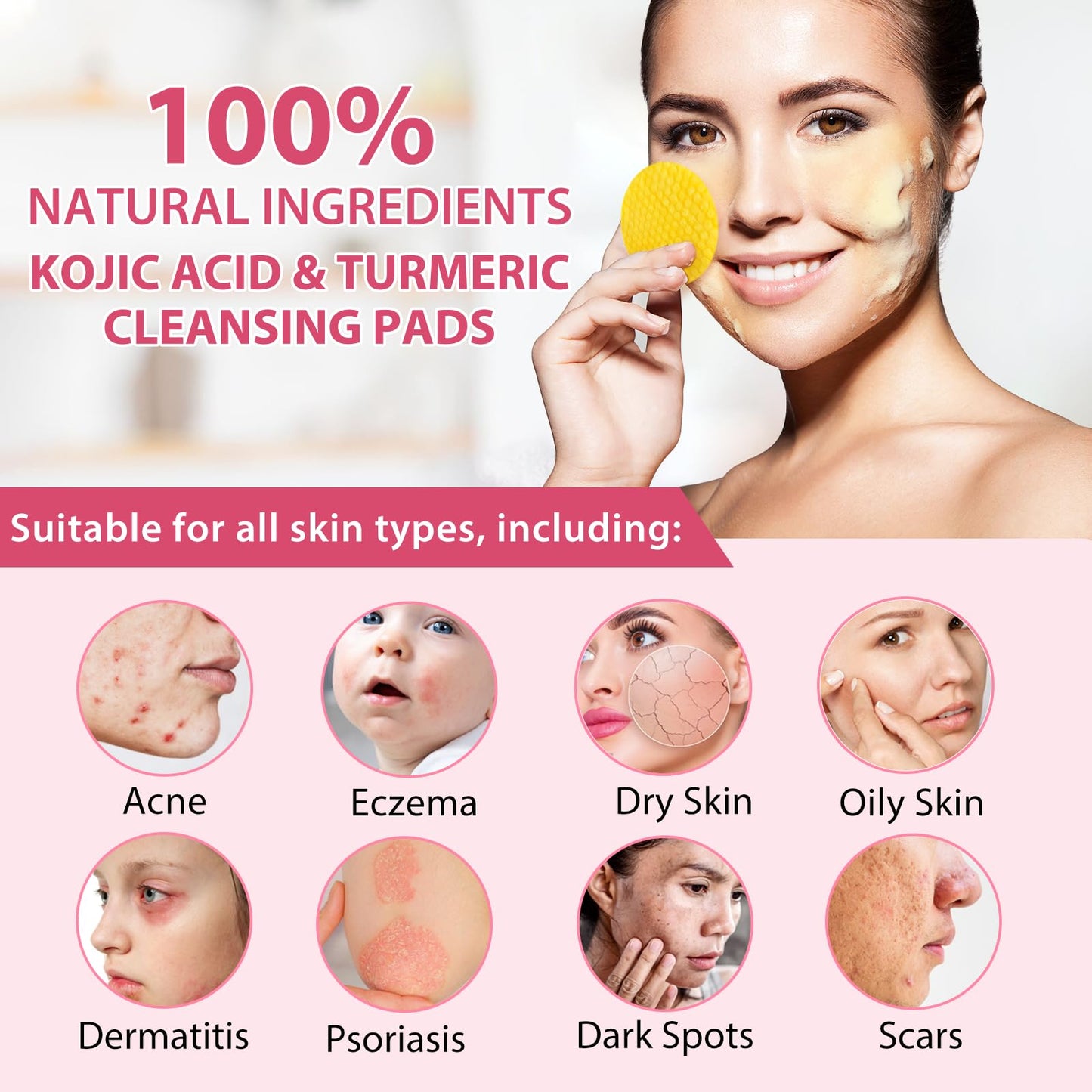 ZyranovaE Kojic Acid Cleansing Pads,Turmeric Kojic Acid Cleansing Pads for face,Helps Balance Skin Oil And Water,Face Exfoliating Pads, Facial Sponges for Cleansing-60 Pads