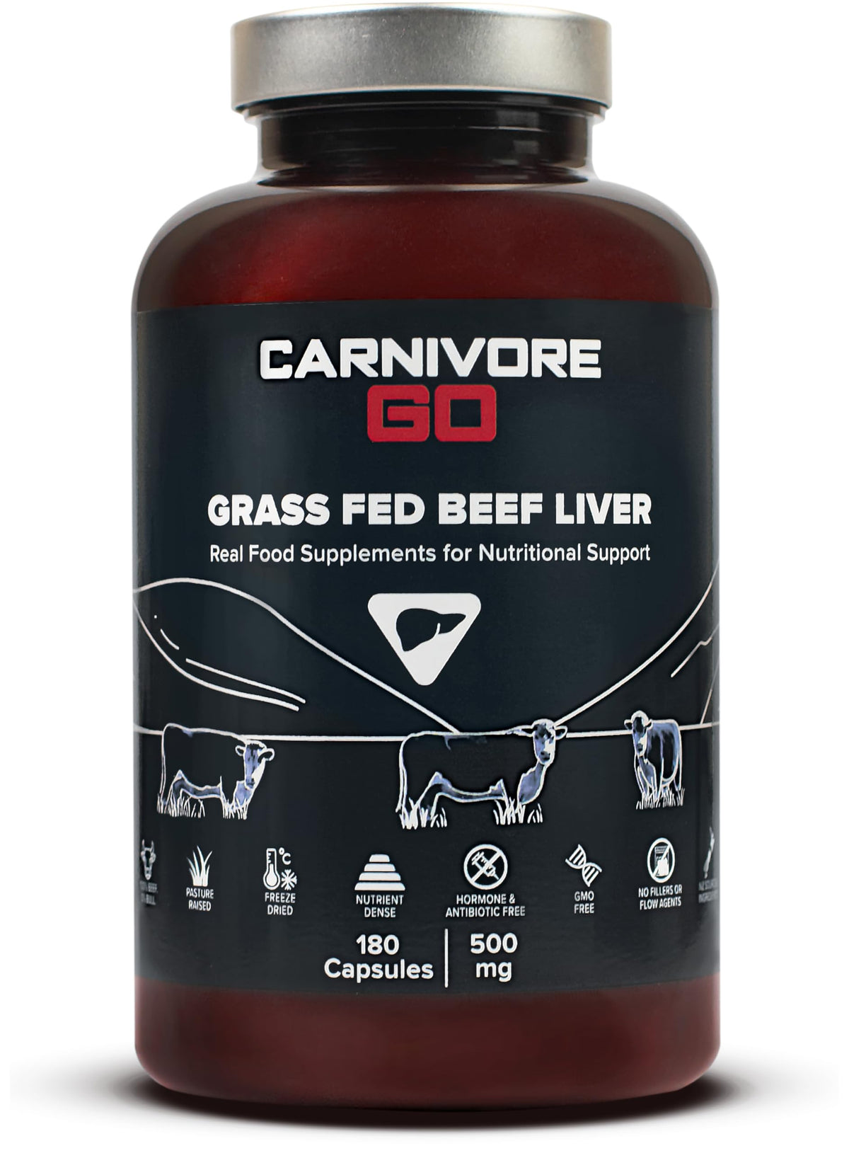 Carnivore Go 100% Grass Fed Beef Liver Capsules - for Energy, Immunity, Focus, Detoxification & Skin Health - 180, 500mg Desiccated Beef Liver Supplements - UK Made - No GMO, Hormones, Antibiotics