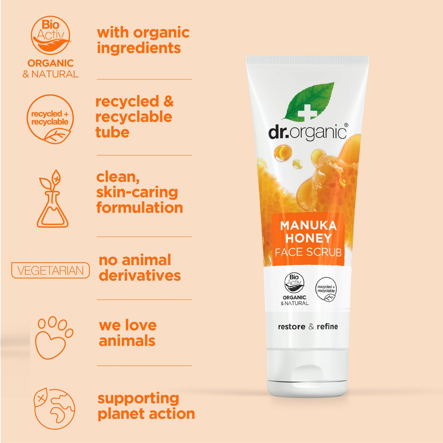 Dr. Organic Dr Organic Manuka Honey Face Scrub, Exfoliating, Dry Skin, Mens, Womens, Natural, Vegetarian, Cruelty-Free, Paraben & SLS-Free, Recycled & Recyclable, Organic, 125ml, Packaging may vary