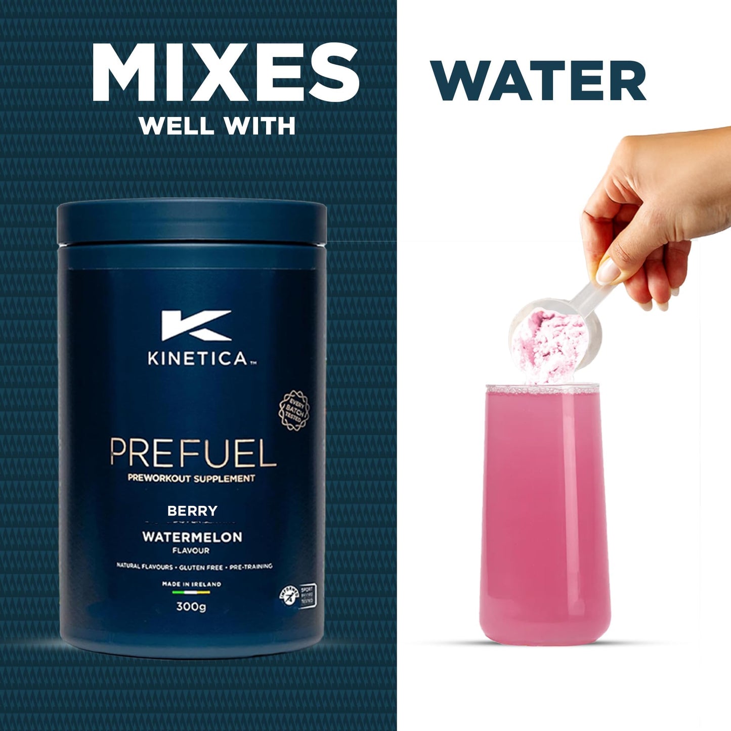 Kinetica Sports Prefuel Pre Workout -Berry Flavour | 5.8g Amino Acids Blend, 2.25g BCAA's & 94mg Caffeine/Serve, 30 Servings/300g| With Essential Vitamins, Minerals|Supports Performance & Energy Boost