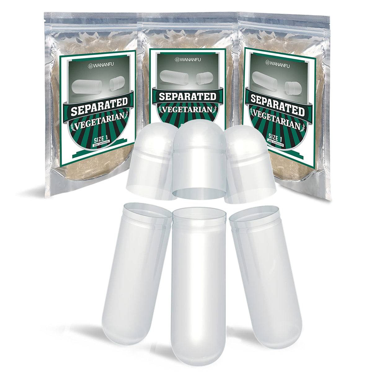 wananfu WANANFU Separated Empty Capsules Size 1 Vegetarian (200 Count), Compatible with Capsule Filling Machine Size 1