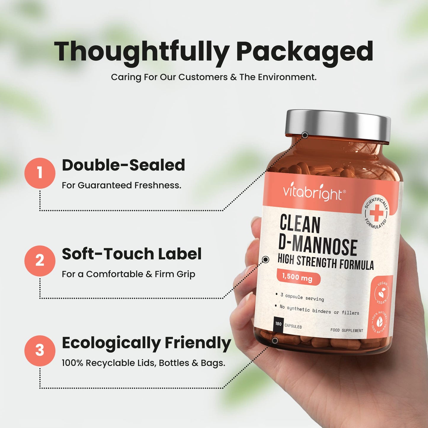 D-Mannose Capsules - High Strength 1500mg per Serving of 3 Capsules - 180 Capsules (60 Day Supply) - Contributes to Healthy Urinary Tract & Bladder - Natural Ingredients - Made in UK by VitaBright