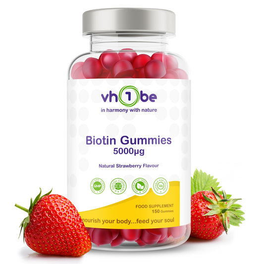 Biotin Gummies 10000mcg Per Serving – 150 High Strength Vitamin B7 for Hair Growth, Skin & Energy Support | Natural Strawberry Flavour Biotin Supplement | Vegan Hair Gummies by vh1be