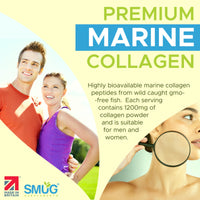 Marine Collagen British Made by SMUG Supplements - 90 Capsules - Type 1 Peptides - 1200mg Daily Serving of Collagen Powder in Three-a-Day Capsules - 30 Day Supply - Suitable for Both Men and Women