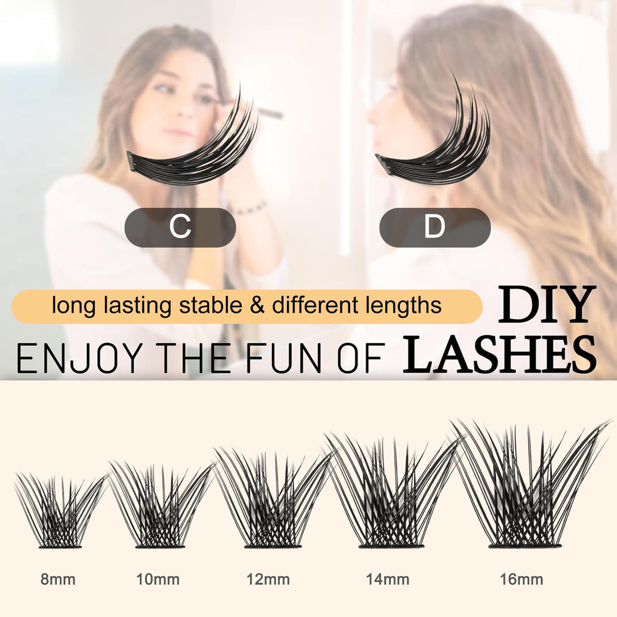 QUEWEL Individual Eyelashes 72 Pcs DIY Cluster Lashes D Curl 16mm Mega Matte Eyelash Clusters Volume False Lashes Soft & Light For Home Use(Volume-DH-D-16mm)