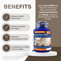 Zipvit Lions Mane Supplement 2000mg with B1, B5 & Black Pepper, 4 Months Supply, Lions Mane Mushroom 15:1 Extract, Supports Mental Performance, 120 Vegan Tablets