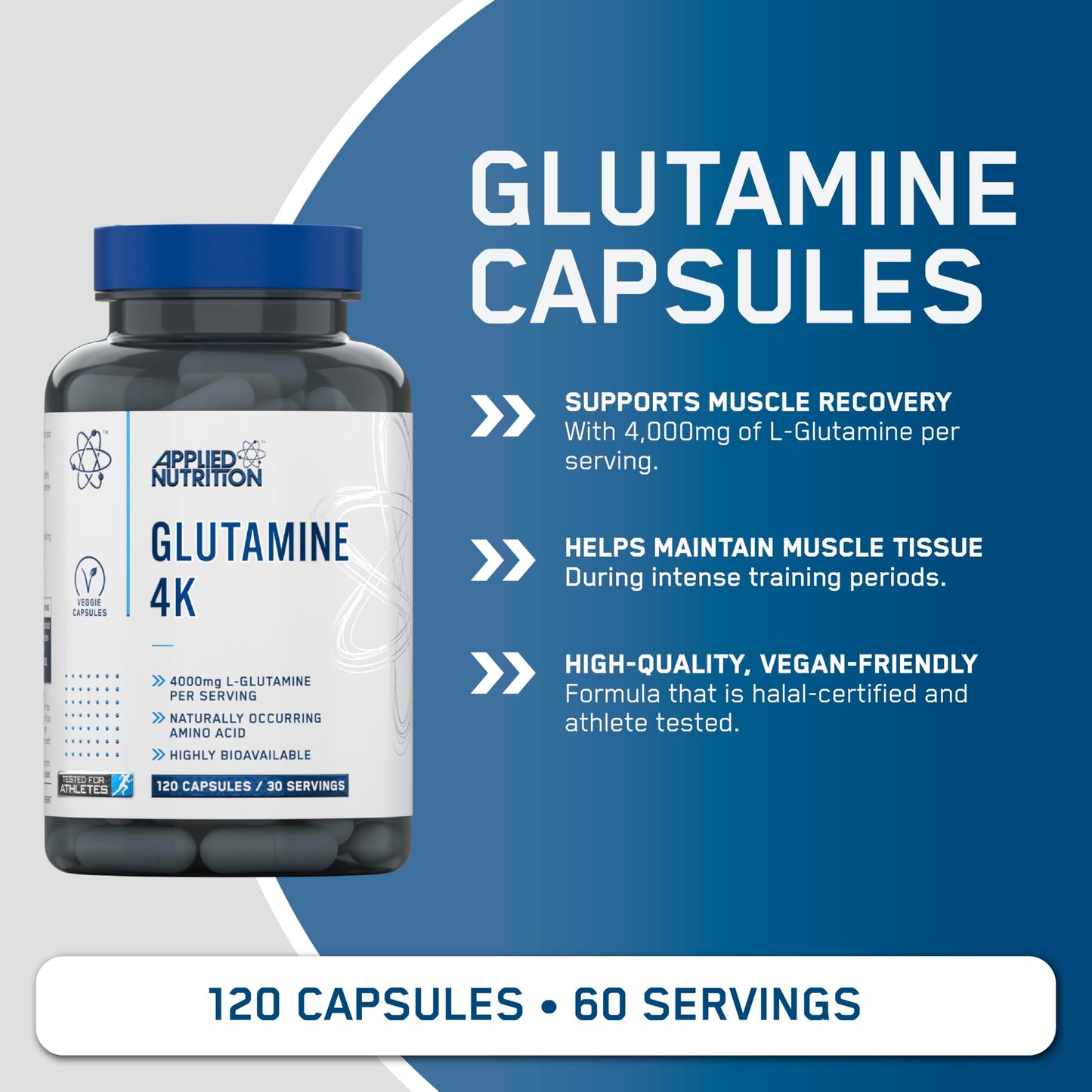 Applied Nutrition Glutamine 4K - L Glutamine 4000 mg Per Serving, Restore Amino Acid Levels (120 Capsules - 30 Servings)