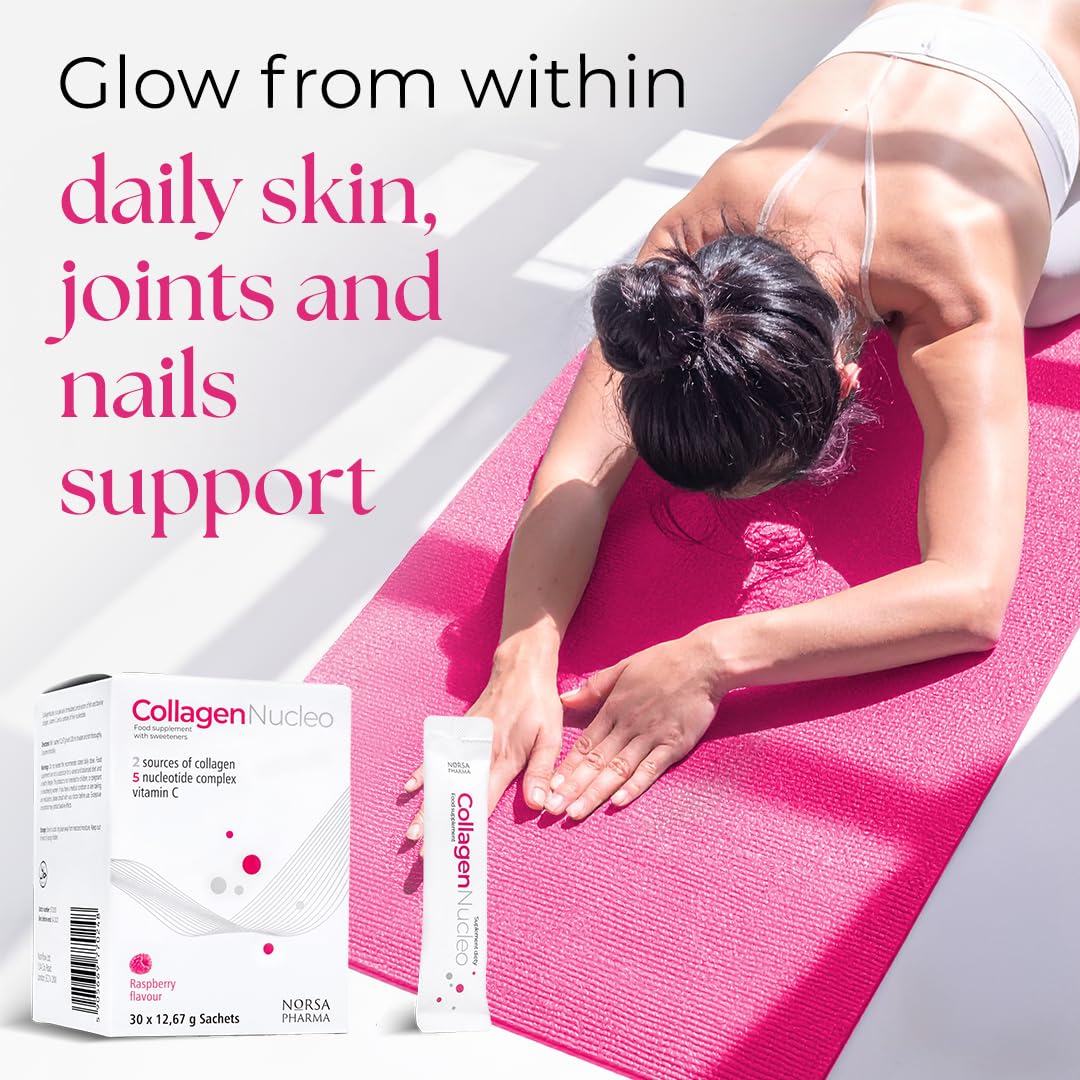 Norsa Pharma Collagen Nucleo (Raspberry / 30 Sachets) | Bovine & Marine Collagen Powder Supplement with 5 Nucleotides + Vitamin C | Collagen Supplement for Women & Men’s Skin, Joint & Immunity