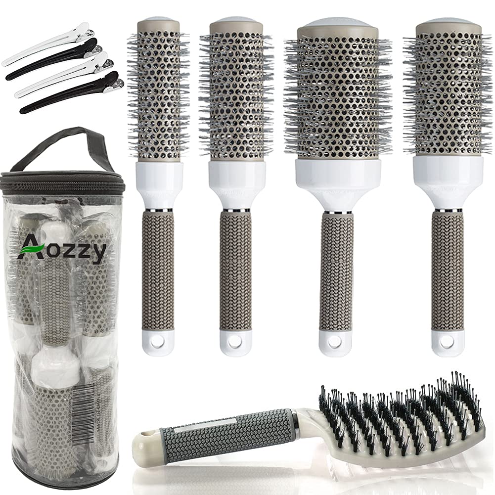Aozzy 5pcs Ceramic Lonic Round Hair Brush Set for Blow Drying, Curling, Professional Salon Styling Brush Set, Barrel Hairdressing Brushes Sets, Hair Drying Brush Round Set (25mm 32mm 45mm 53mm）