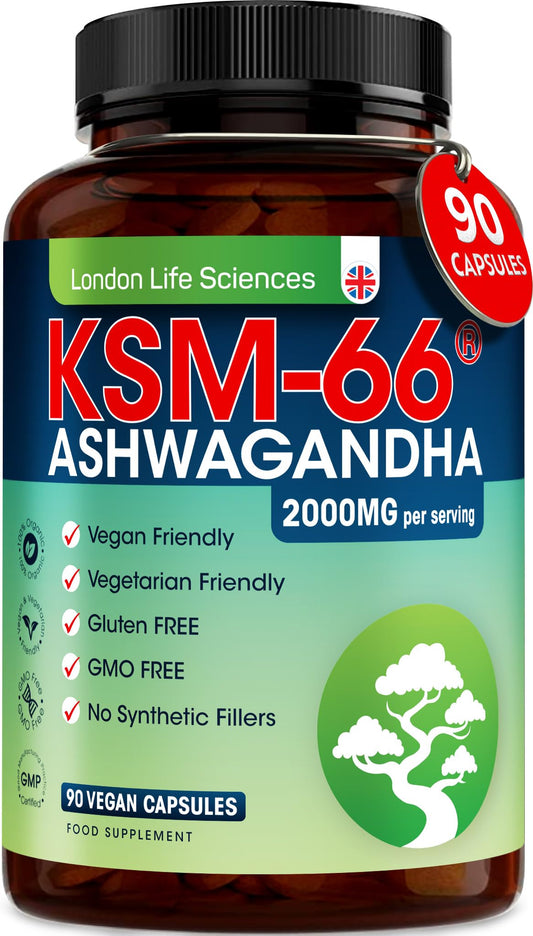 LONDON LIFE SCIENCES London Life Sciences Organic Vegan Ashwagandha KSM-66 90 Capsules - (Highest Concentration) 2000mg Servings & 5% Withanolides - Best Bioavailabili