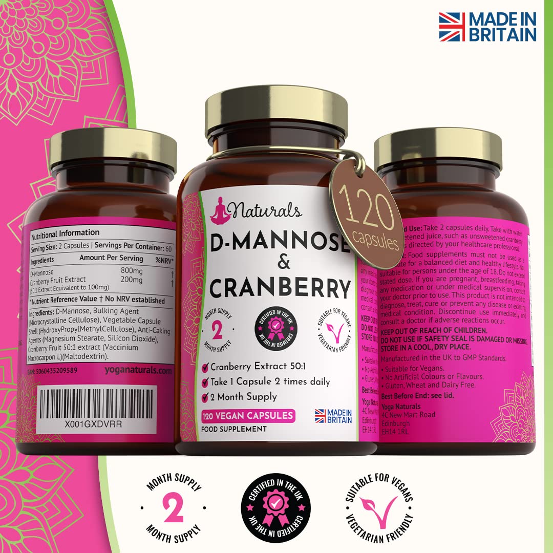 YOGANATURALS 120 D-Mannose and Cranberry Capsules - (2 Months Supply) 1000mg Extract Per Serving - UK Made Vegan Supplement (Not Tablets) - High Strength Natural UTI Support for Women & Men