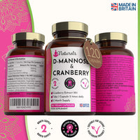 YOGANATURALS 120 D-Mannose and Cranberry Capsules - (2 Months Supply) 1000mg Extract Per Serving - UK Made Vegan Supplement (Not Tablets) - High Strength Natural UTI Support for Women & Men