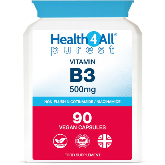 Health4All Vitamin B3 Niacin as Nicotinamide (Niacinamide) 500mg 90 Capsules, Purest, No Additives, Vegan, Gluten Free No-Flush Niacin VitB3 Capsules | Made in UK