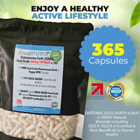 FoodPURA Food Grade Diatomaceous Earth Capsules (Codex) Pure White 94% Silica Fresh Water Sourced 600mg (365)