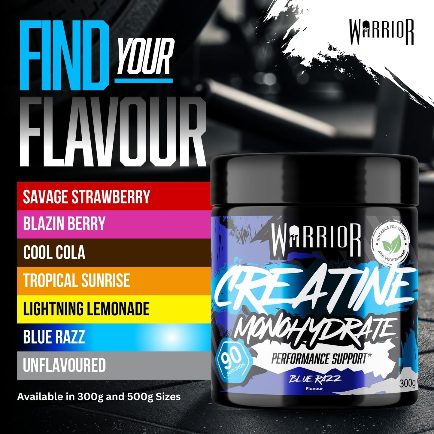 Warrior Flavoured Creatine Monohydrate Powder 300g (90 Servings) – Creatine Powder Drink, Creatine for Performance, Strength & Recovery (Not Creatine Gummies or Tablets) – Blue Razz