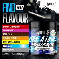 Warrior Flavoured Creatine Monohydrate Powder 300g (90 Servings) – Creatine Powder Drink, Creatine for Performance, Strength & Recovery (Not Creatine Gummies or Tablets) – Blue Razz