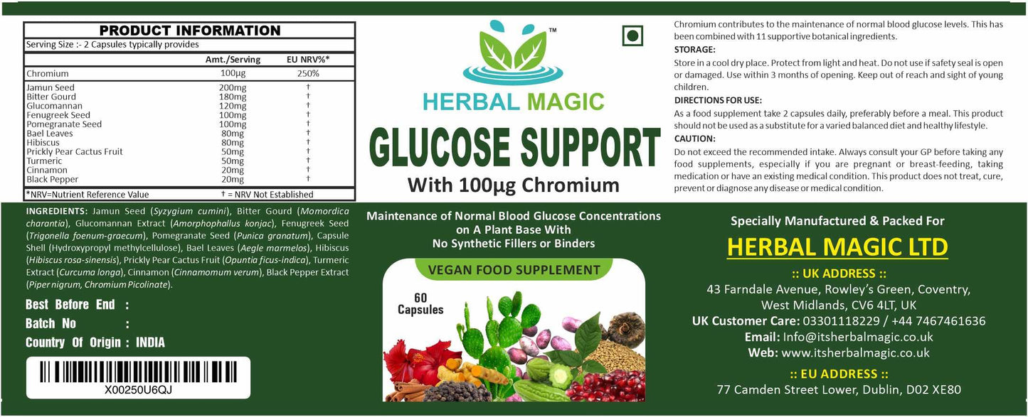 Herbal Magic Glucose Support – 60 Capsules, Vegan Food Supplement with Herbal Blend for Metabolism & Wellness