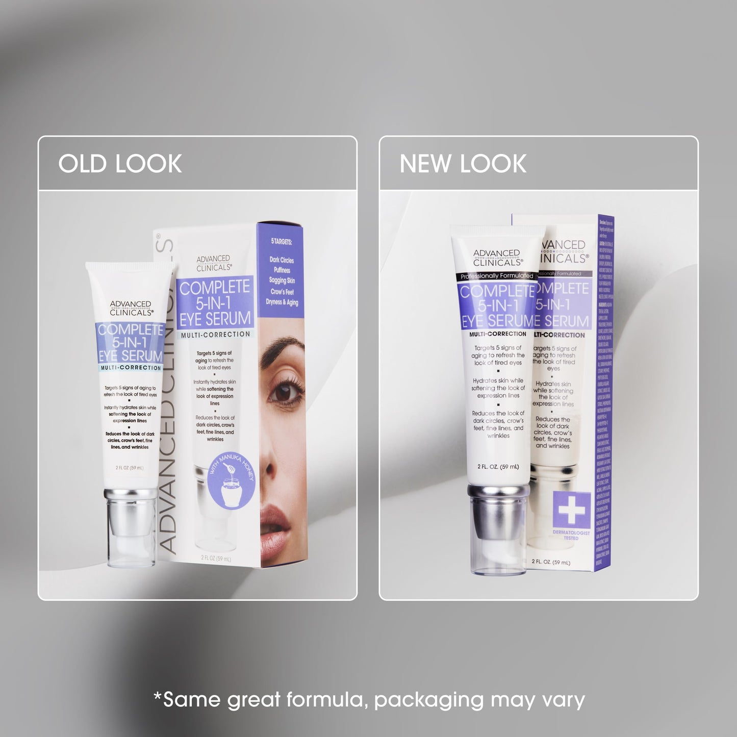 Advanced Clinicals 5-in-1 Multi Correction Anti-Aging Eye Serum with Retinol Collagen Vitamin C and Manuka Honey. For dark circles wrinkles crow's feet fine lines. Large 2oz airless tube.