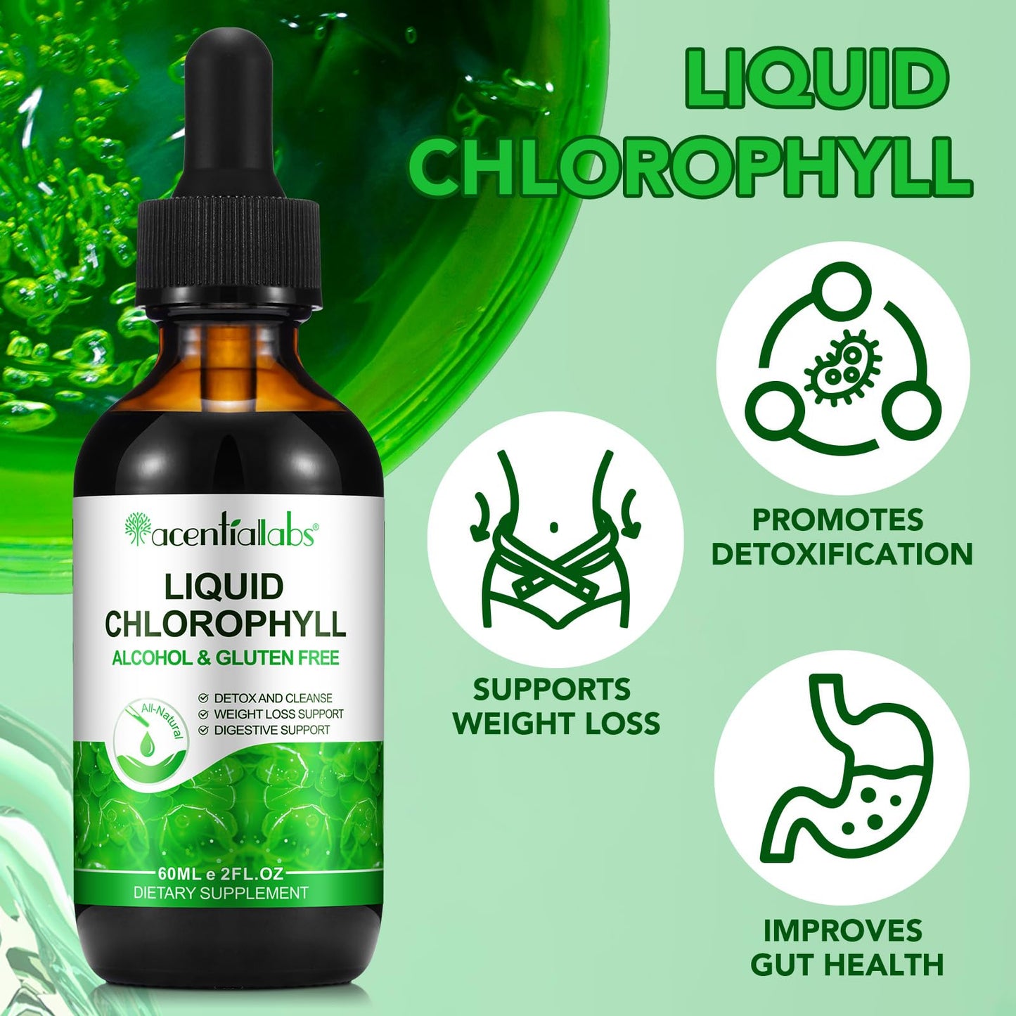 Liquid Chlorophyll Drops, 60ML Natural Chlorophyll for Internal Detox & Cleanes, Energy Booster, Digestion Supports Mint Flavour