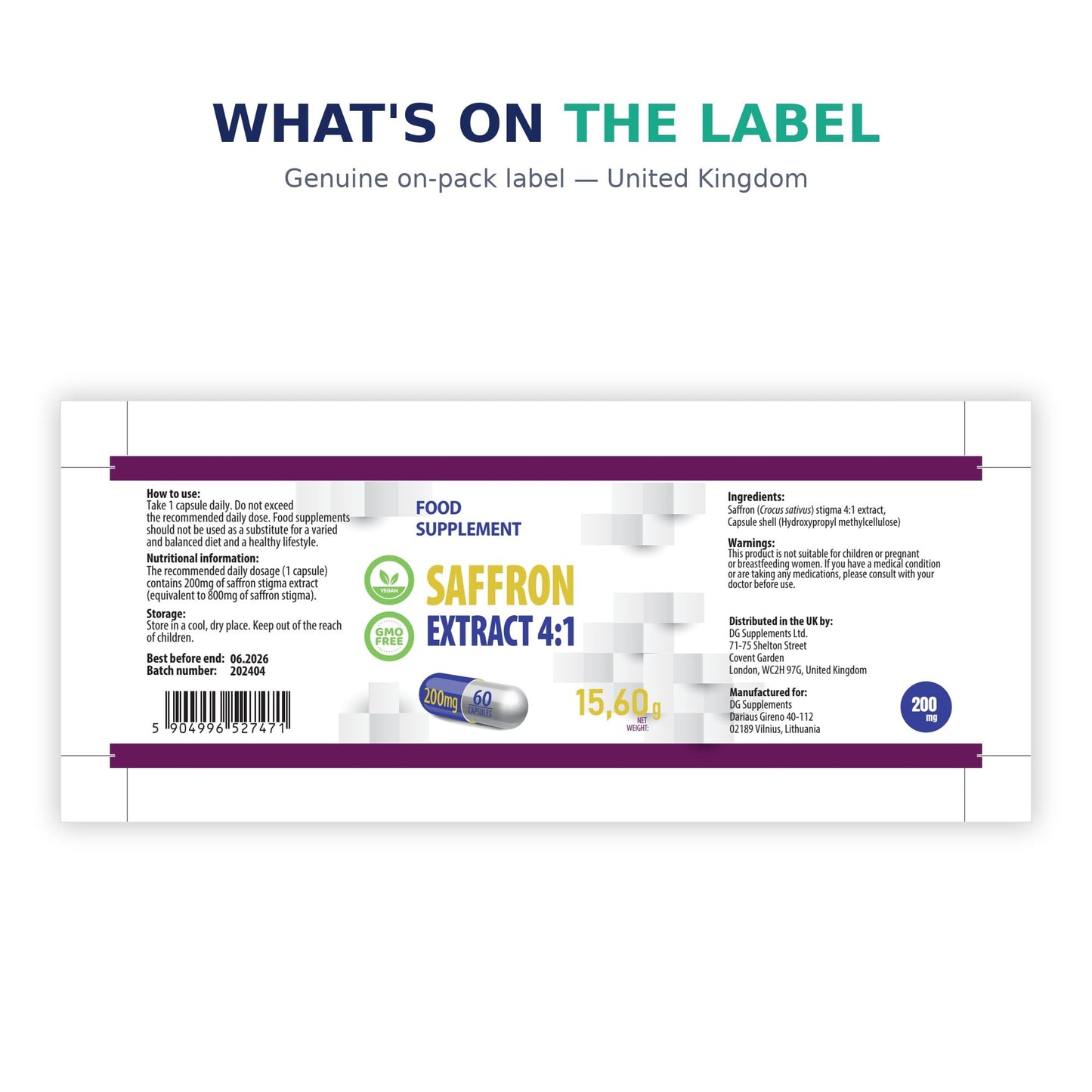 Hepatica Saffron Extract (Crocus Sativus) 800mg Equivalent | 200mg 4:1 Stigma Extract | with Safranal & Crocin | 60 Vegan Capsules | 3rd Party Lab Tested
