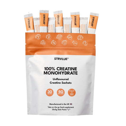 STRVLUE Creatine Monohydrate – 30 Sachets (5g Creatine Each) – Supports Muscle Growth, Strength & Power & Performance – Convenient On-The-Go Supplement – for Men & Women – Unflavoured