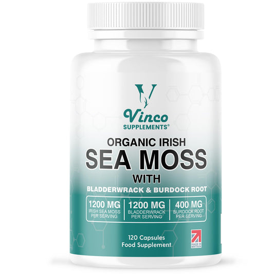 Vinco Supplements Organic Irish Sea Moss Capsules with Bladderwrack & Burdock Root - Sea Moss Supplement, Organic Sea Moss 1200mg, Bladderwrack 1200mg & Burdock 400mg per Serving - Gluten Free, Non-GMO (120 Capsules)