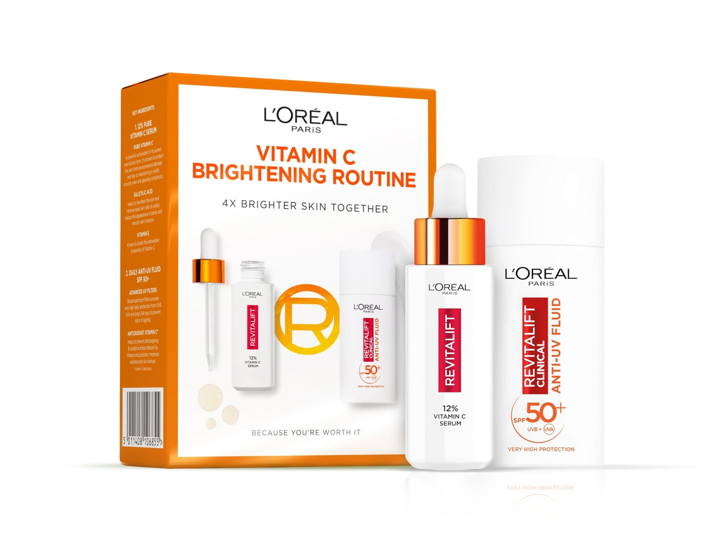 L'Oréal Paris Revitalift Clinical 12% Pure Vitamin C Serum (30ml) & SPF 50+ Invisible Fluid (50ml) Duo for Face, Antioxidant Protection, Brighter Smoother Skin, UV Protection