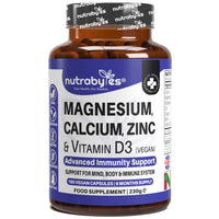 NUTRABYTES Nutrabytes Magnesium, Calcium, Zinc & Vitamin D3 Supplement, 180 Vegan Capsules | Vitamins & Minerals for Immune Support | Complex for Energy, Bones, Teeth & Muscles | 6 Month Supply | UK Made