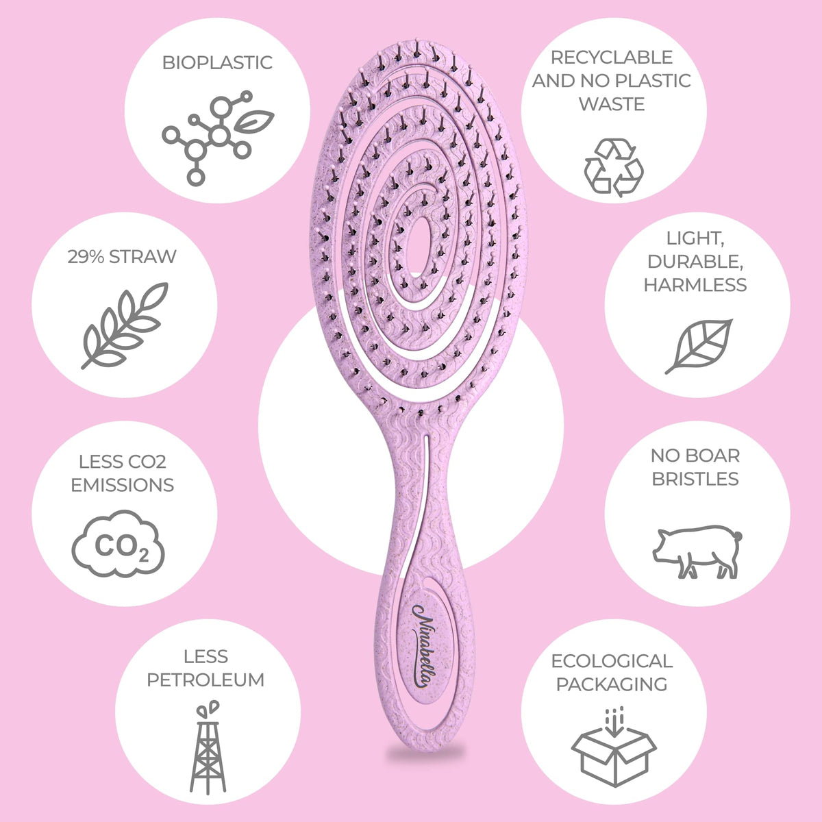 Ninabella Organic Detangle Hair Brush for Women, Men & Children - Does not Pull the Hair - Hair Straightening Brushes for Curly, Straight & Wet Hair - Unique Spiral Hairbrush - pink