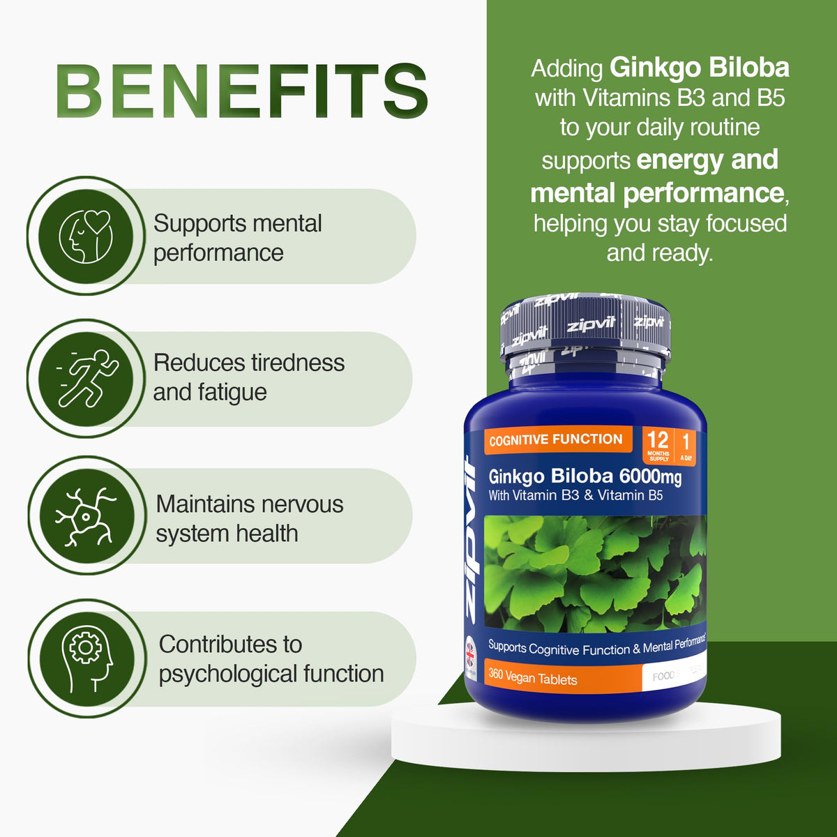Zipvit Ginkgo Biloba 6000mg with Vitamins B3 & B5, 360 Vegan Tablets, Supports Memory, Focus, Brain Health & Cognitive Wellness, Standardised 50:1 Leaf Extract, 12 Months Supply.