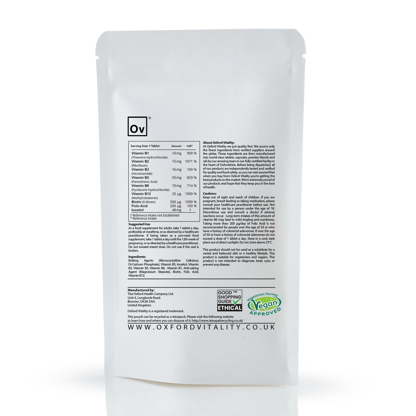 Ov OXFORD VITALITY Vitamin B Complex Tablets - Full Spectrum One a Day B Vitamin Supplements - Vitamins B1, B2, B3, B5, B6, B12, D-Biotin, inositol and Folic Acid by Oxford Vitality