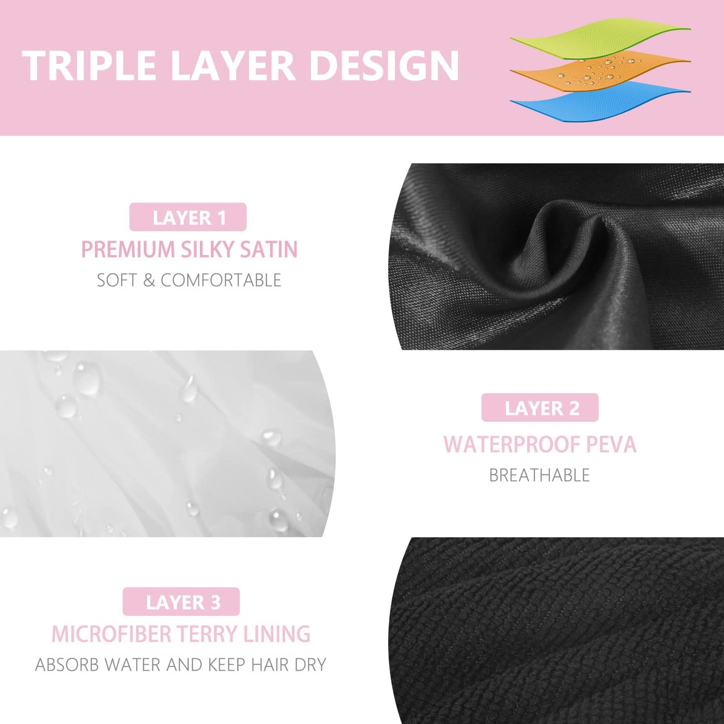 Aquior Shower Cap,Extra Large Triple Layer Bathing Cap with Dry Hair Function for Women Microfiber Terry Cloth Silky Satin 100% Waterproof Reusable Long Hair Bath Caps
